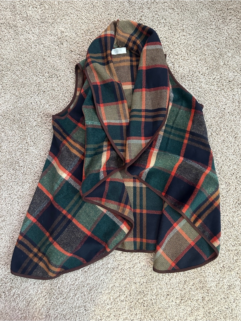 Peach Love California Plaid Waterfall Vest Small Green Brown Open Front Fall